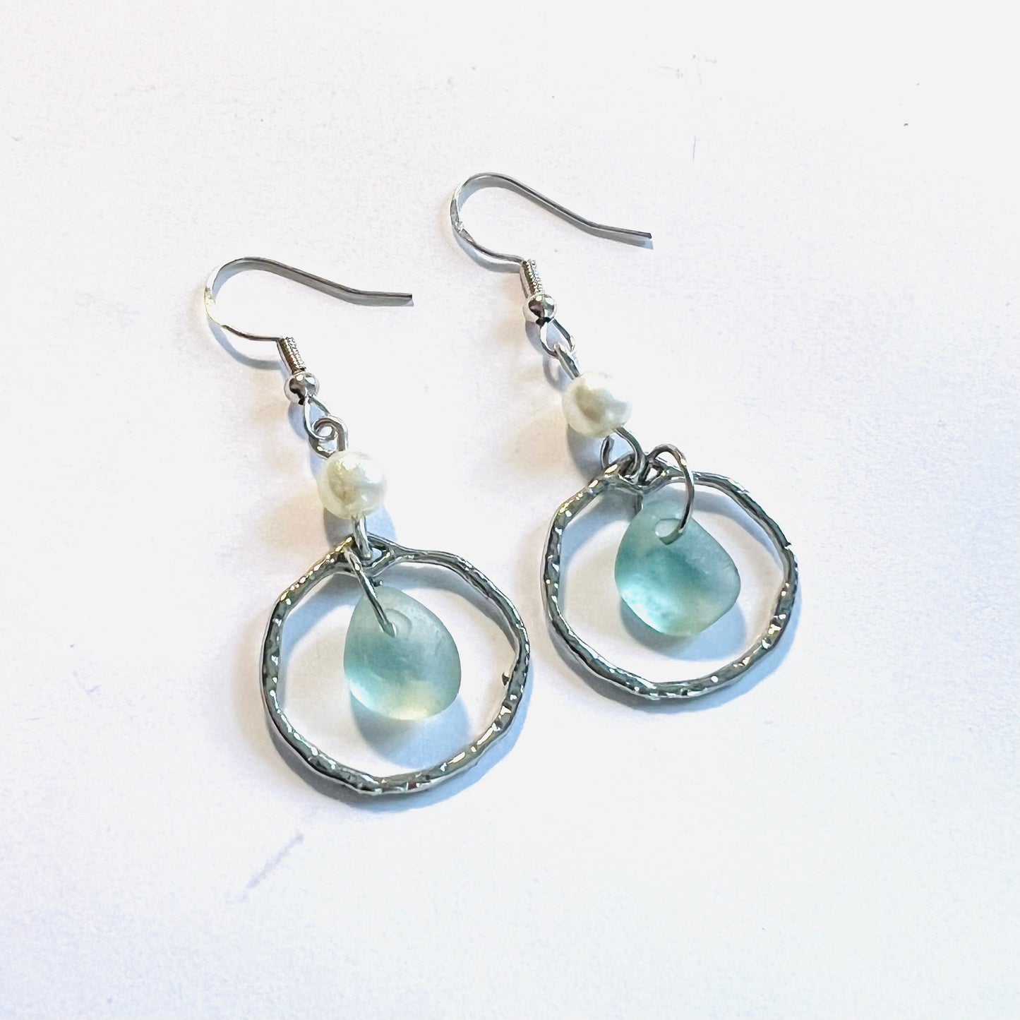 Aqua Sea Glass Frame & Pearl Earrings