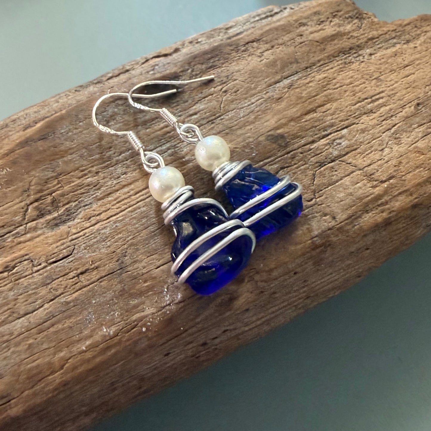 Deep Kent Blue Sea Glass Stud Earrings
