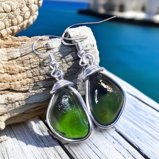 Bright Green Seaham Sea Glass Earrings