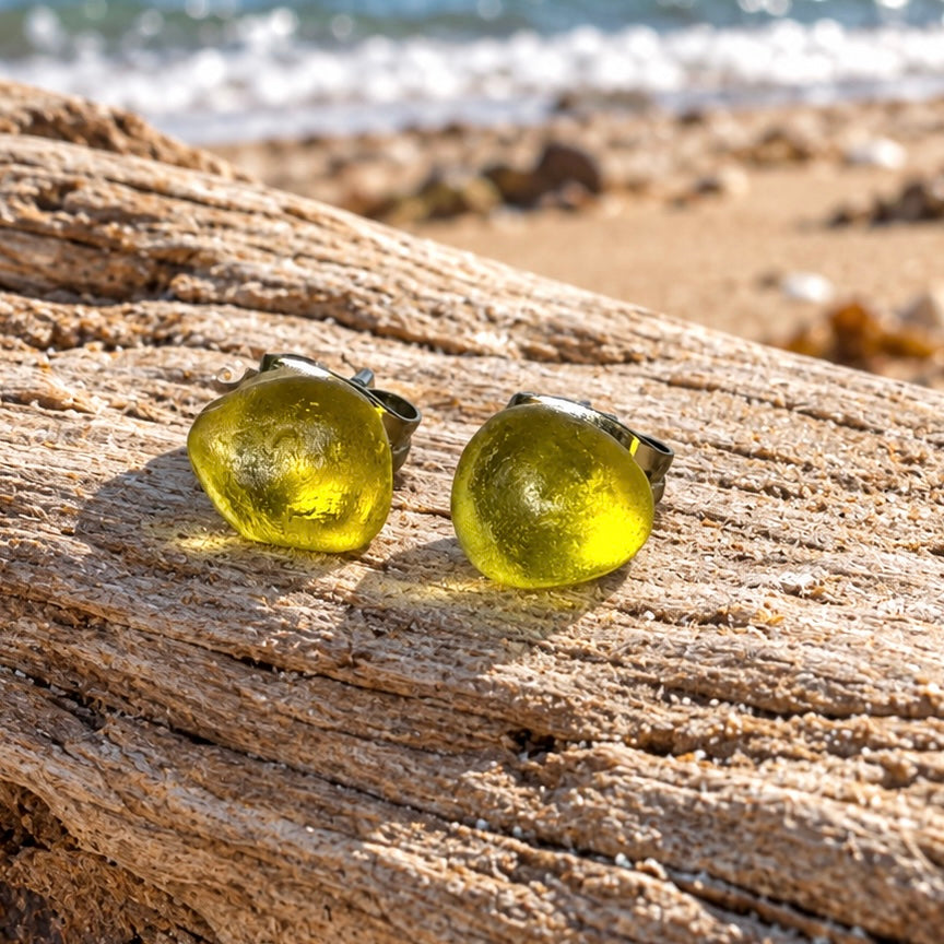 Rare Yellow Seaham Sea Glass Stud Earrings