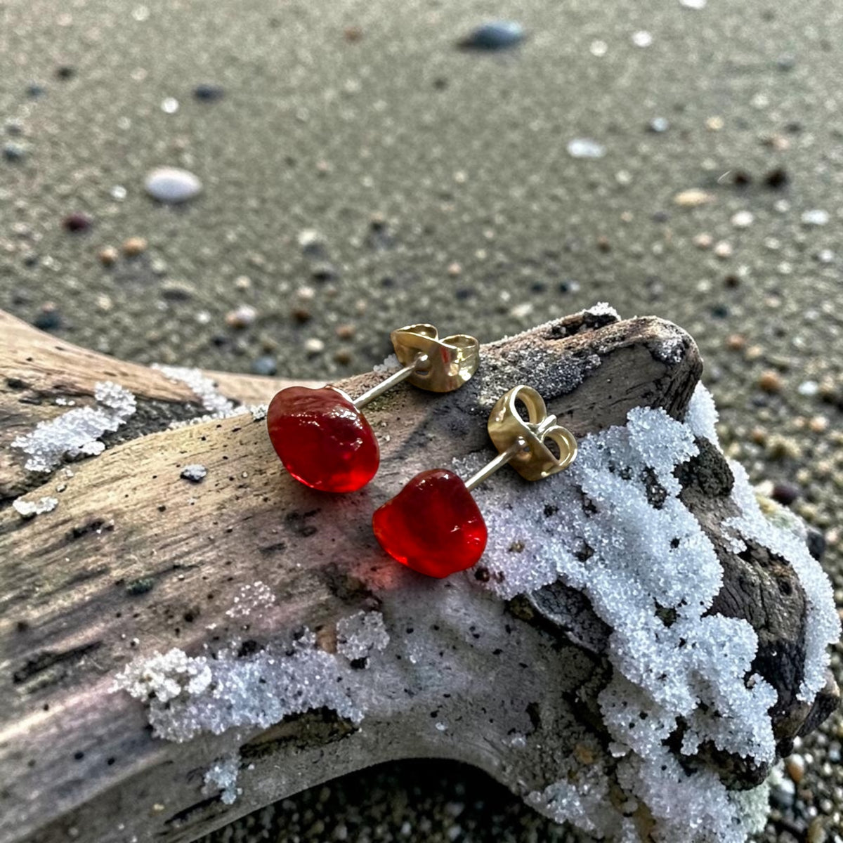 Rare Red Seaham Sea Glass Stud Earrings