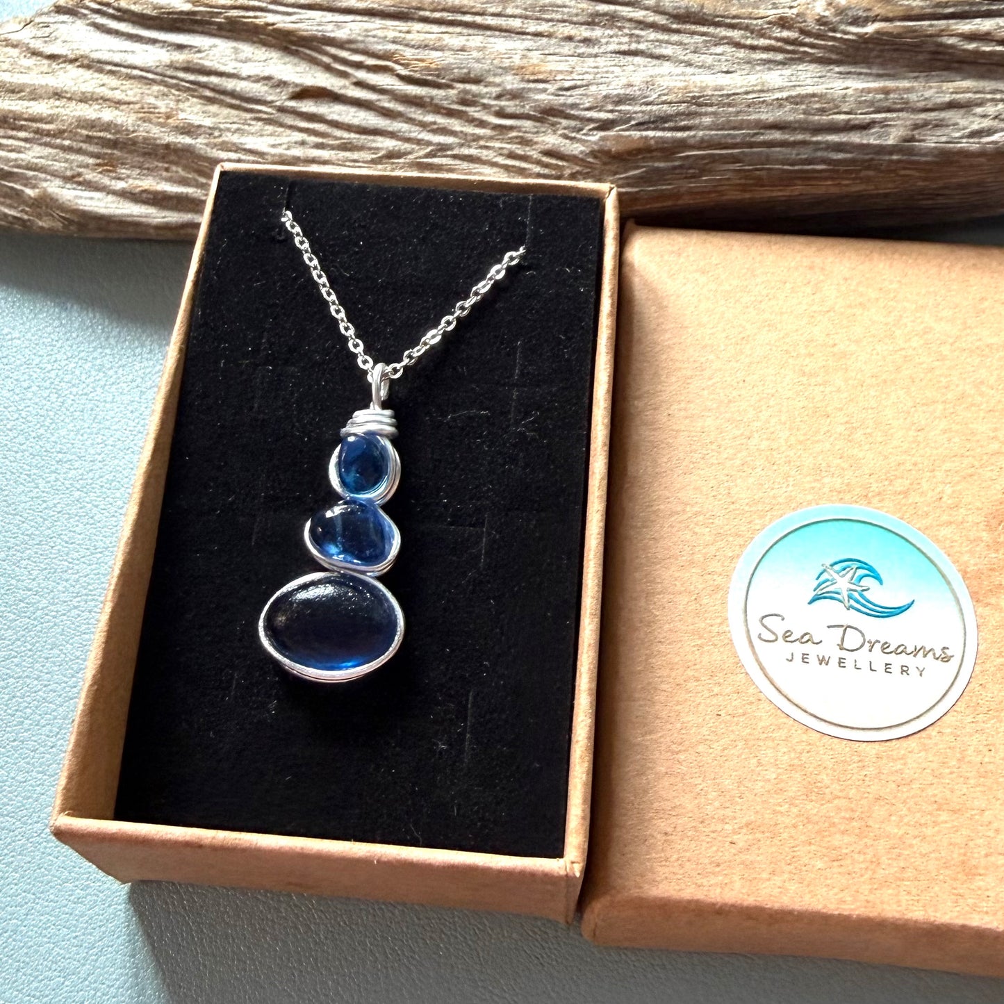 Blue Three Piece Seaham Sea Glass Pendant