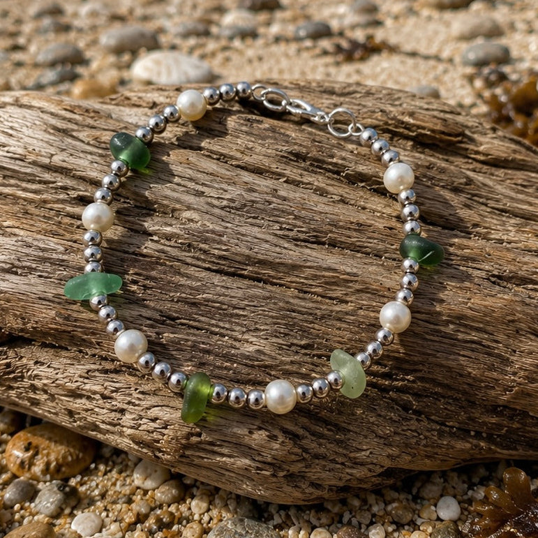 Seaham Sea Glass and Glass Pearl Bracelet