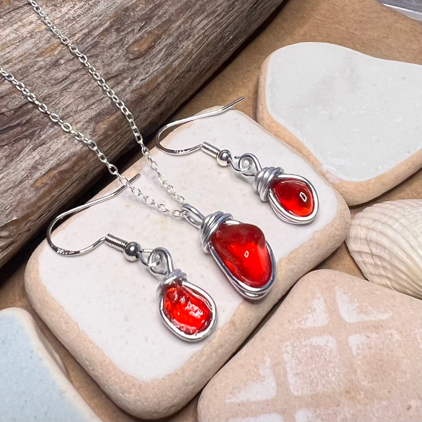 Rare Deep Orange/Red Seaham Sea Glass Jewellery Set