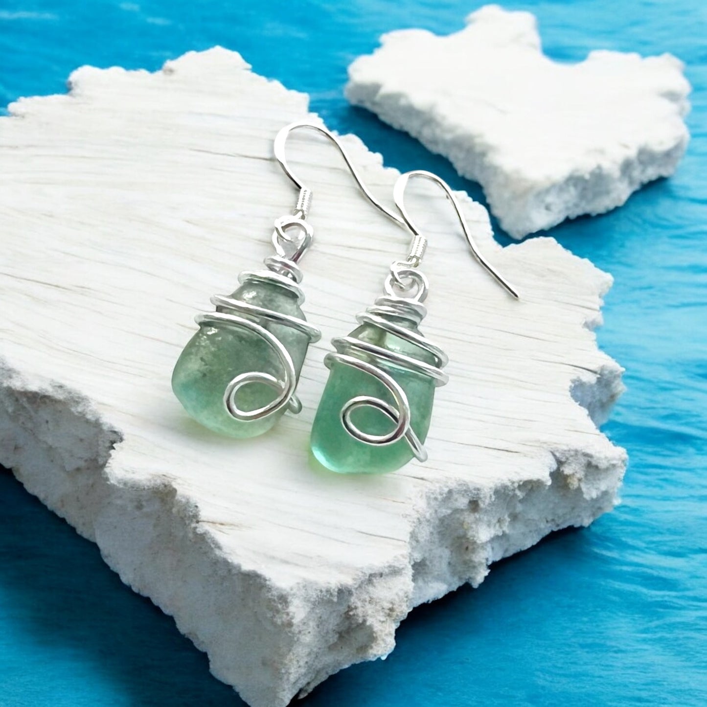 Turquoise Green Seaham Sea Glass Earrings