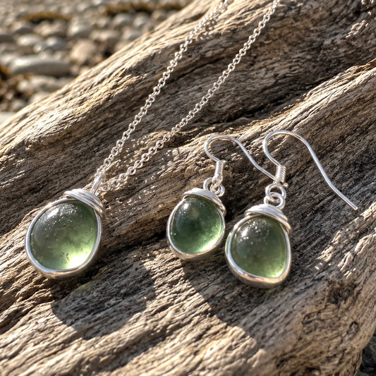 Pale Green Seaham Sea Glass Jewellery Set
