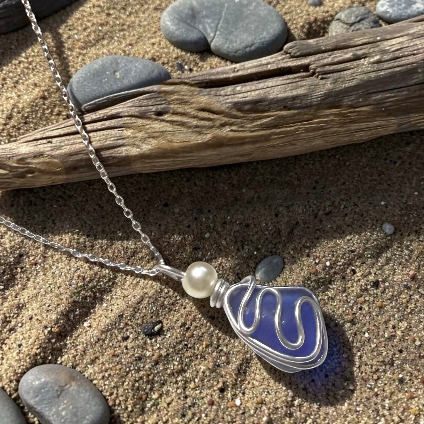 Blue Seaham Sea Glass Waves Glass Pendant