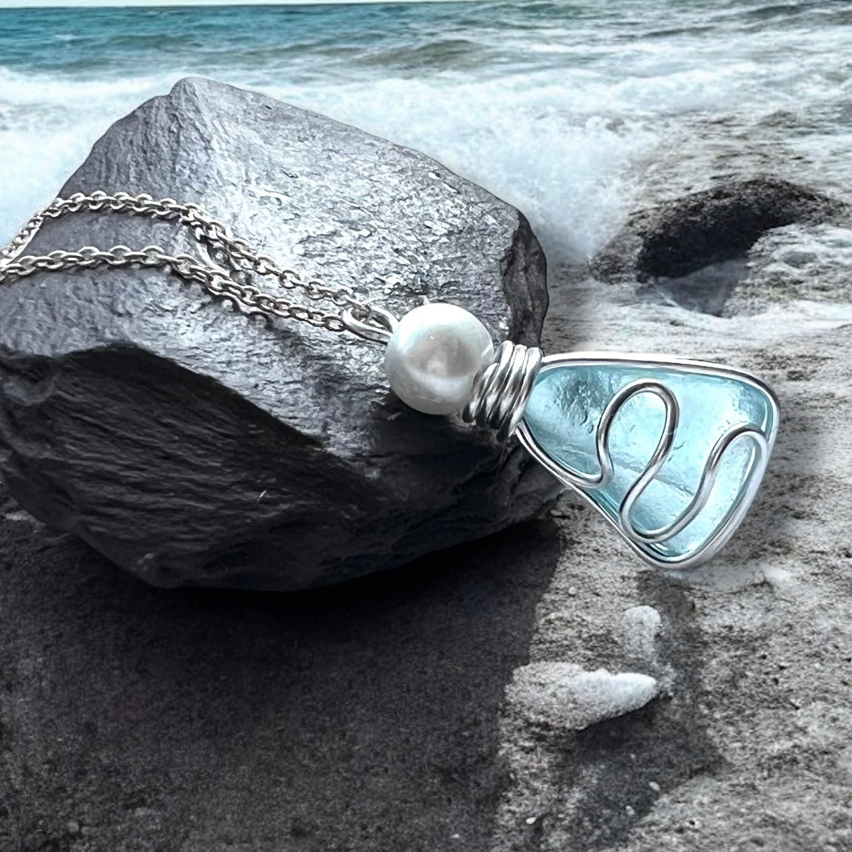 Pale Blue Seaham Sea Glass Waves Pendant
