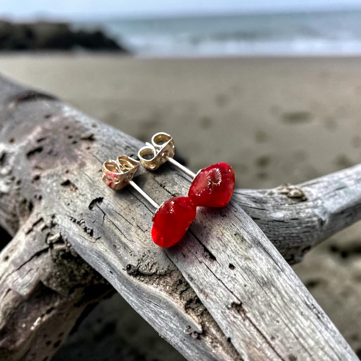 Rare Red Seaham Sea Glass Stud Earrings