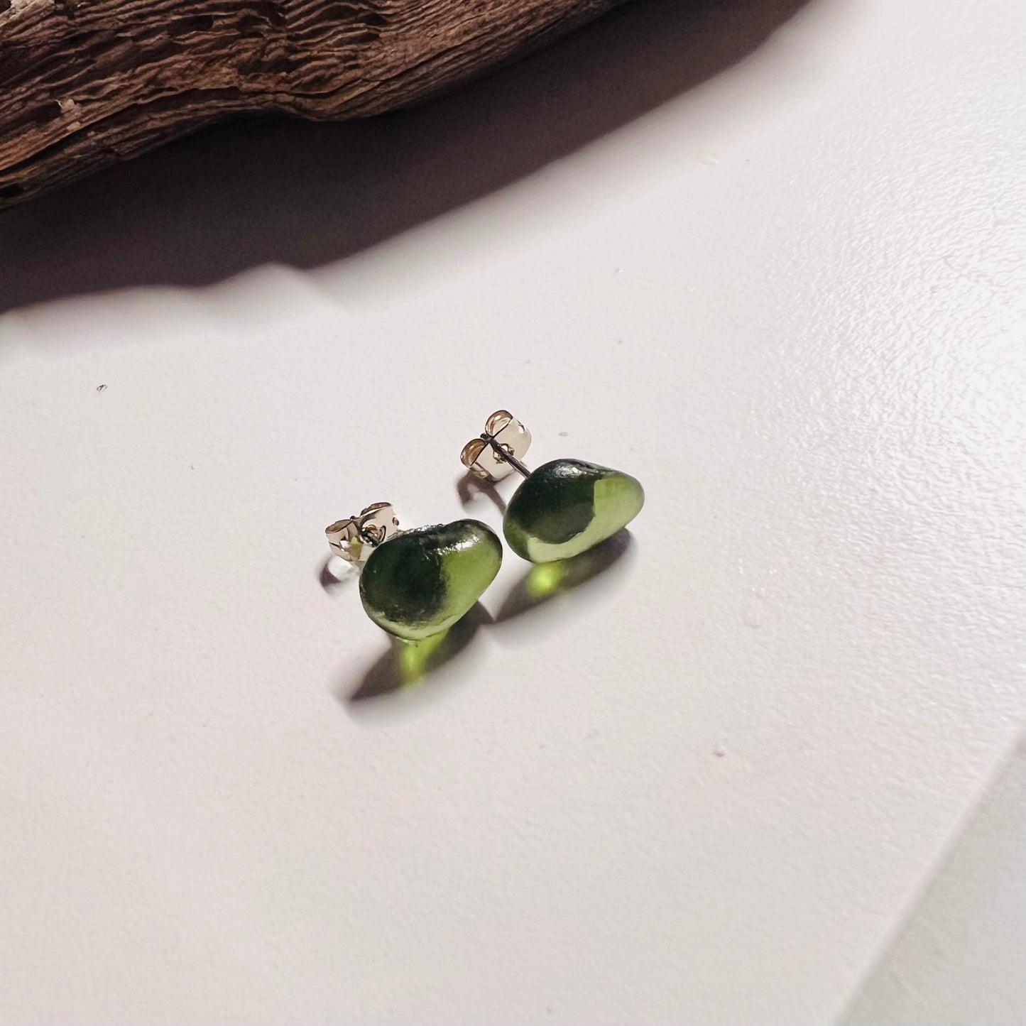 Olive Green Seaham Glass Stud Earrings