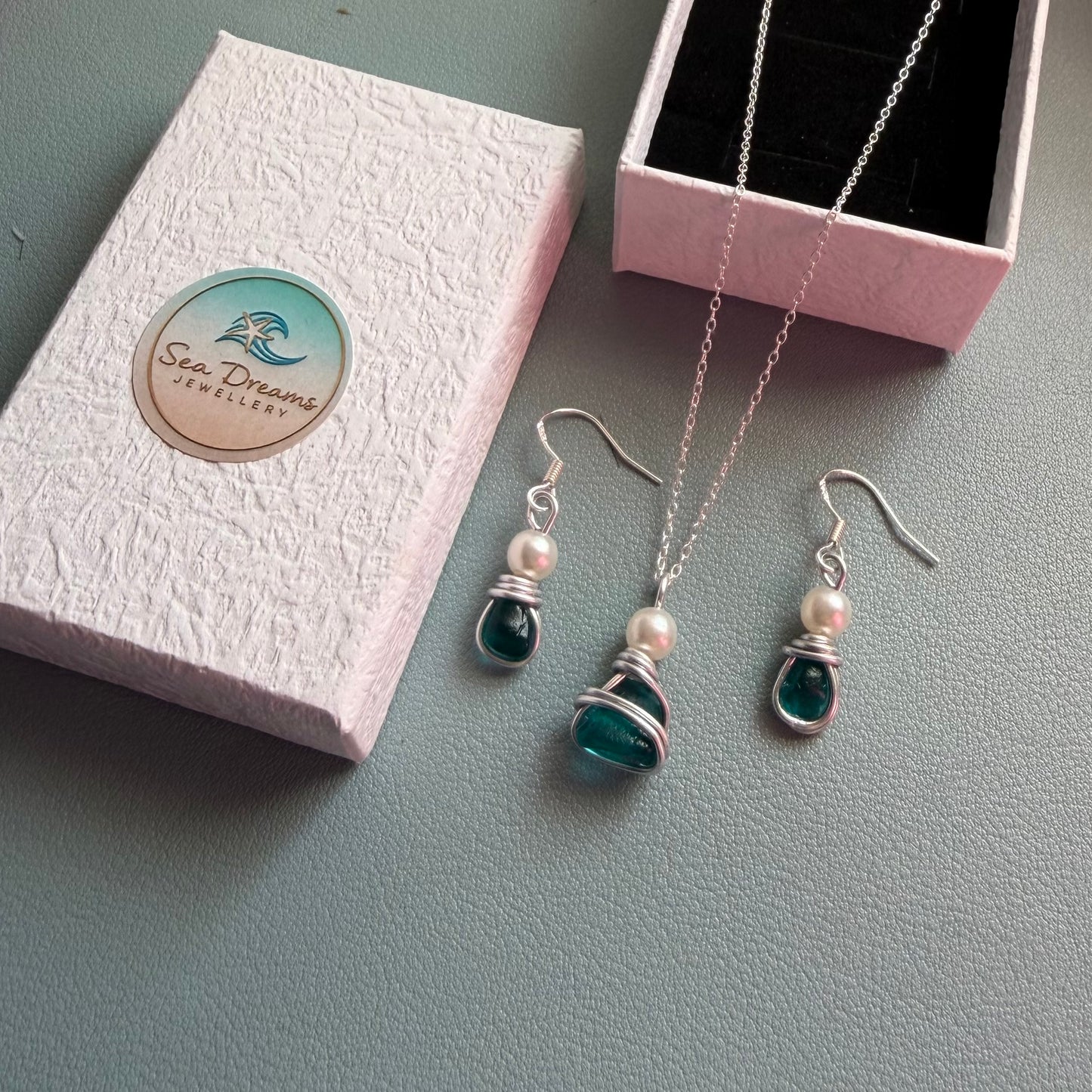 Turquoise Green Seaham Sea Glass Jewellery Set