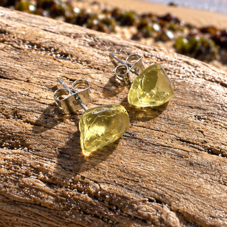 Rare Pale Yellow Spanish Sea Glass Stud Earrings