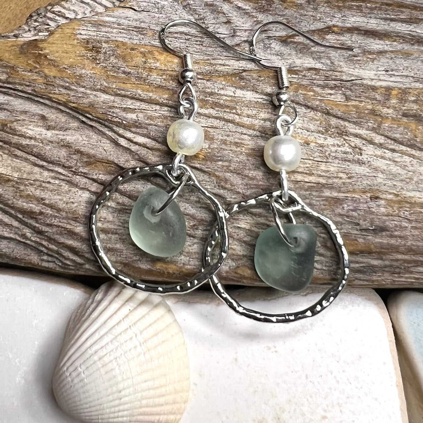 Aqua Sea Glass Frame & Pearl Earrings