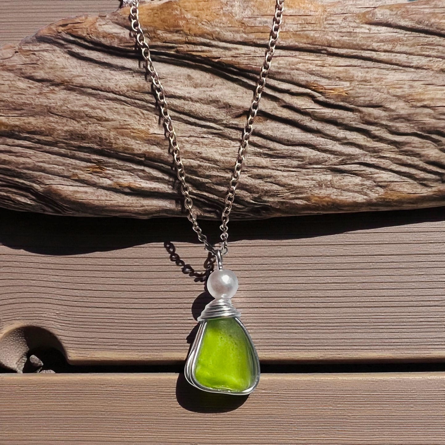 Rare Neon Bright Lime Green Seaham Sea Glass Pendant