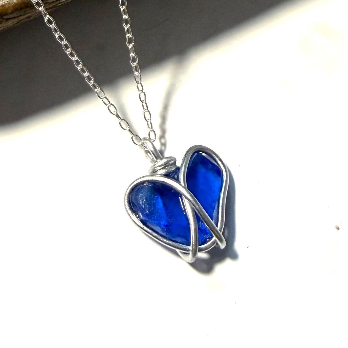 Deep Blue Seaham Sea Glass Heart Pendant