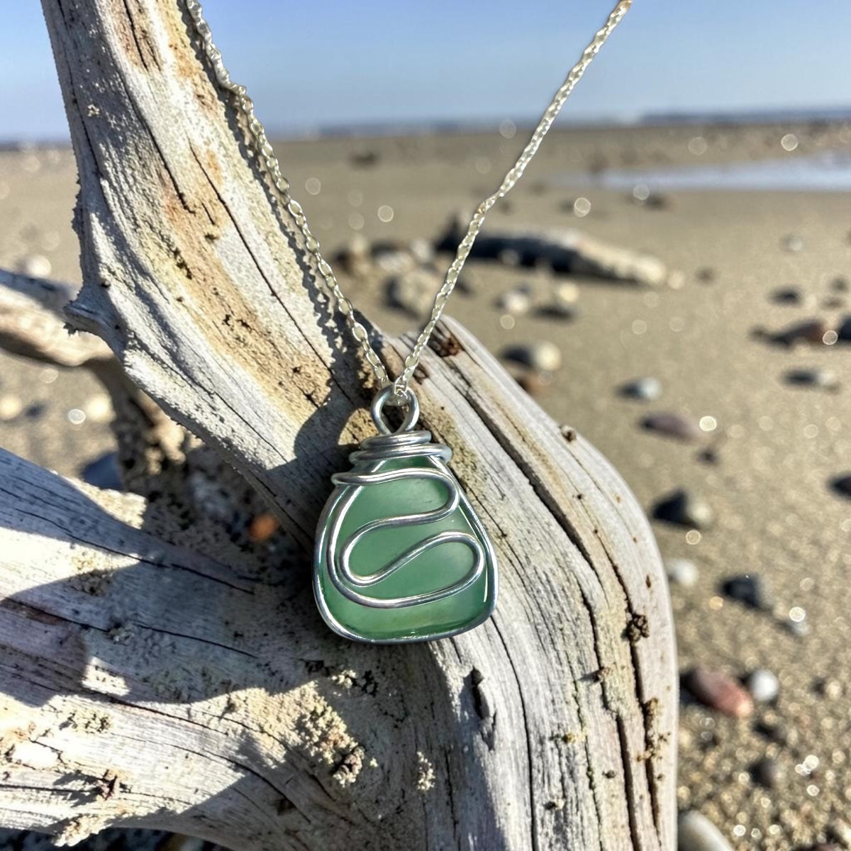 Pale Green Seaham Sea Glass Waves Pendant