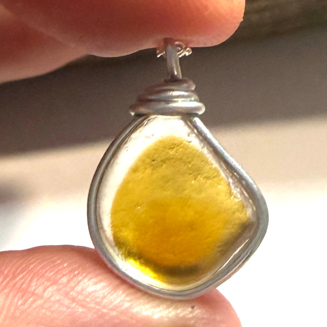 Large Rare Yellow Multi Tone Seaham Sea Glass Pendant