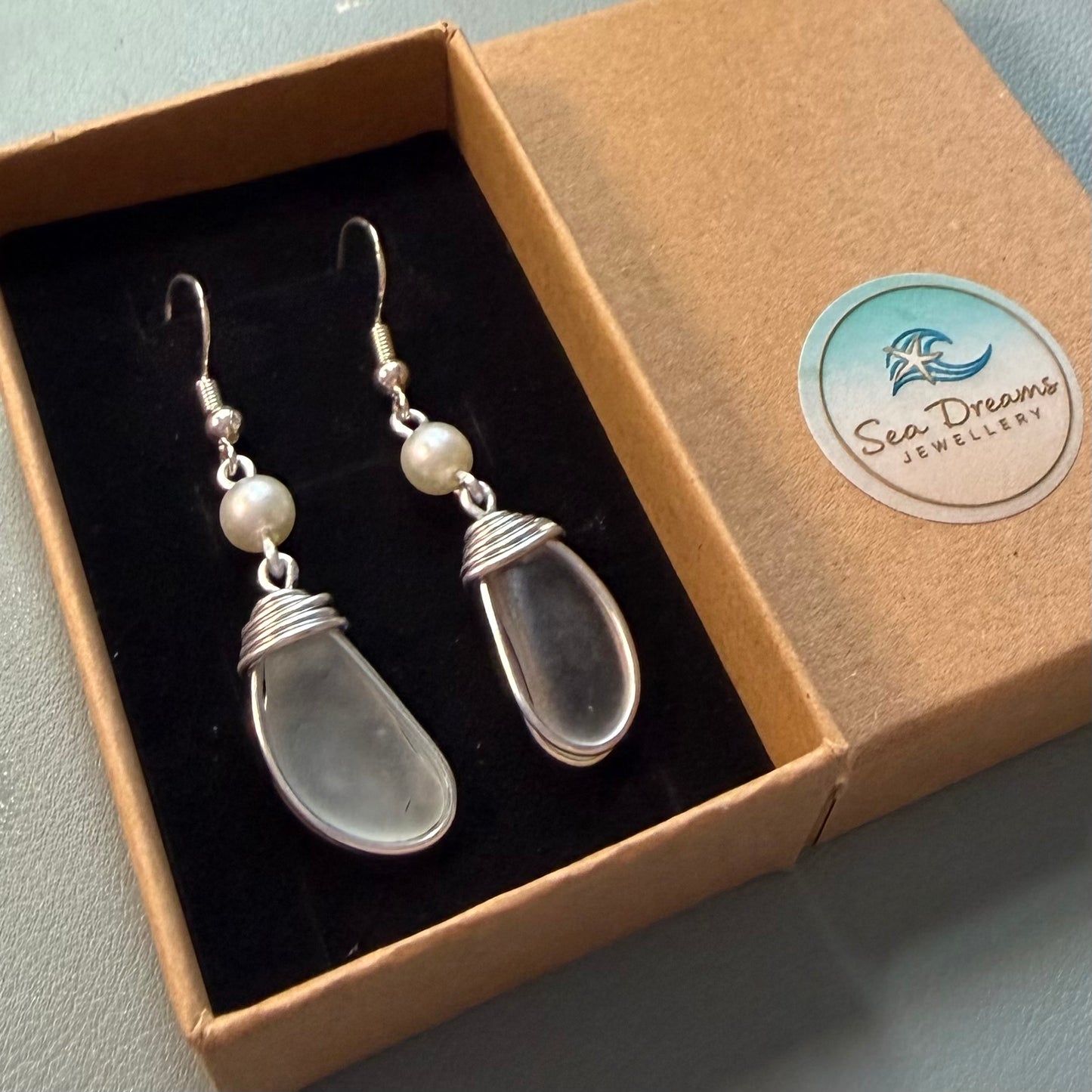 Sea Glass & Pearl Glass Bead Long Drop Earrings
