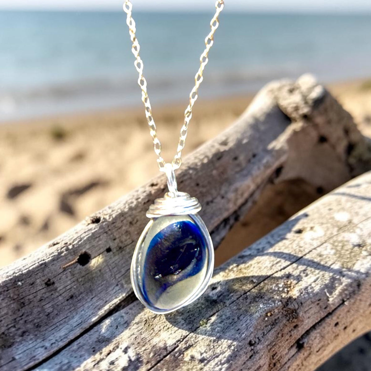 Seaham Sea Glass Multi Tone Blues  Pendant