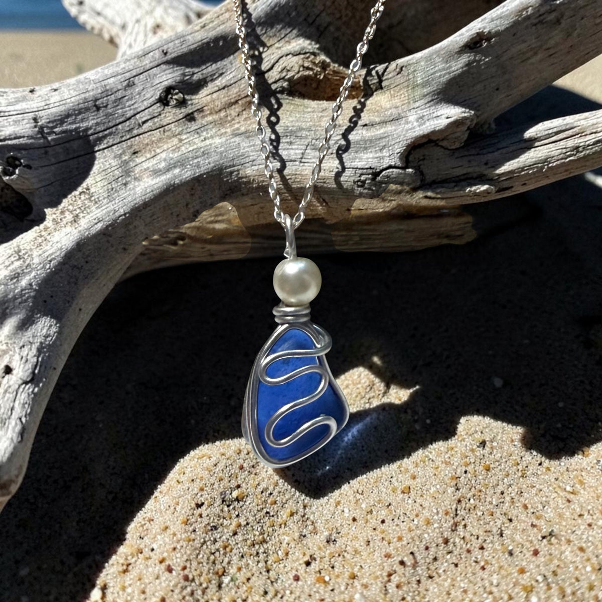 Blue Seaham Sea Glass Waves Glass Pendant