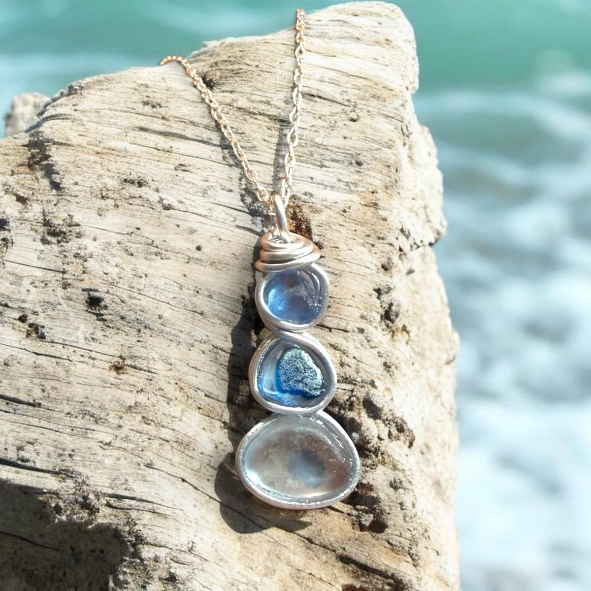 Blue Three Piece Seaham Sea Glass Pendant