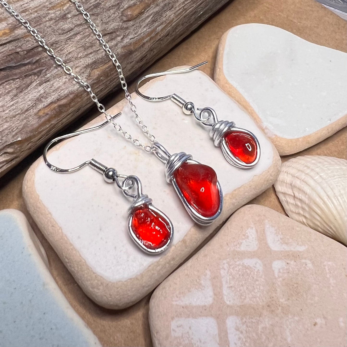 Rare Deep Orange/Red Seaham Sea Glass Jewellery Set