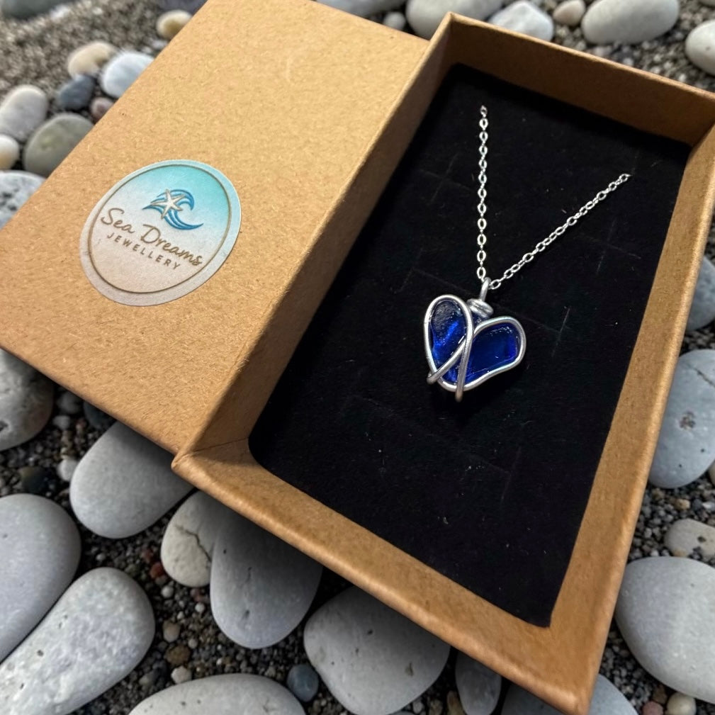 Deep Blue Seaham Sea Glass Heart Pendant