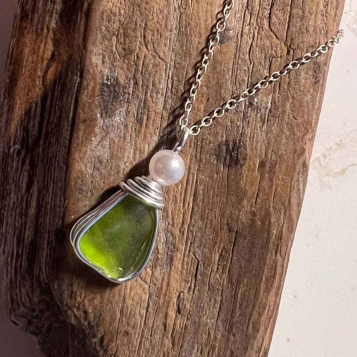 Rare Neon Bright Lime Green Seaham Sea Glass Pendant