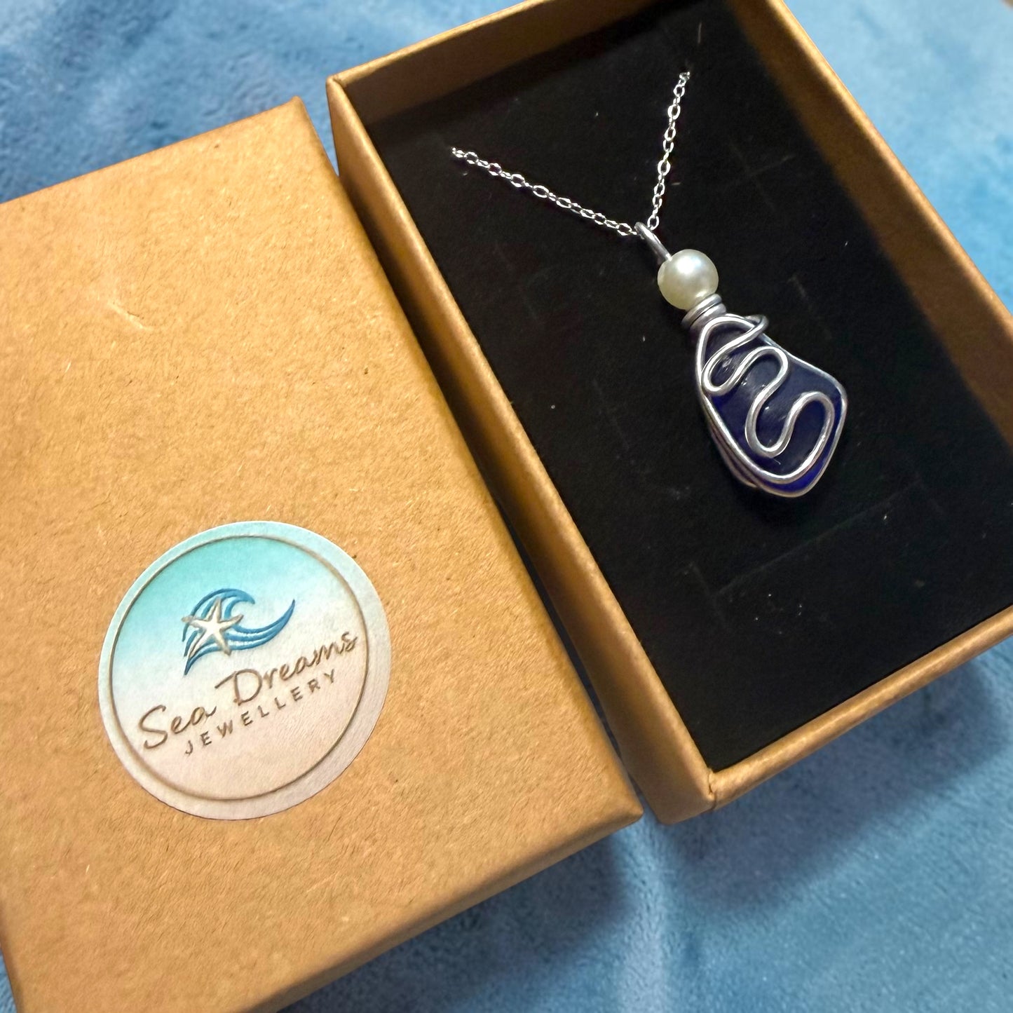 Blue Seaham Sea Glass Waves Glass Pendant