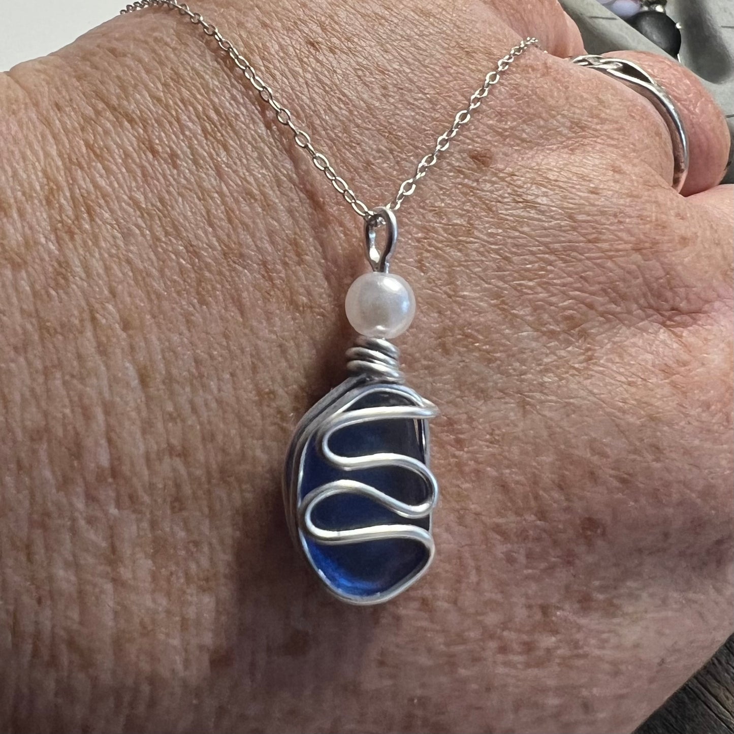 Mid Blue Seaham Sea Glass Waves Pendant