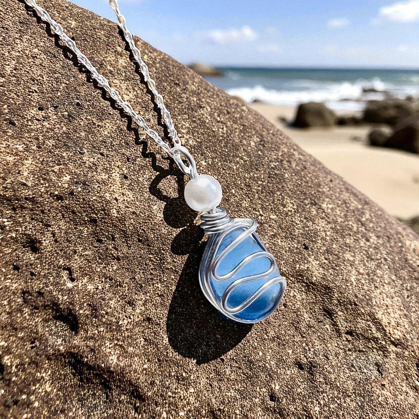 Mid Blue Seaham Sea Glass Waves Pendant