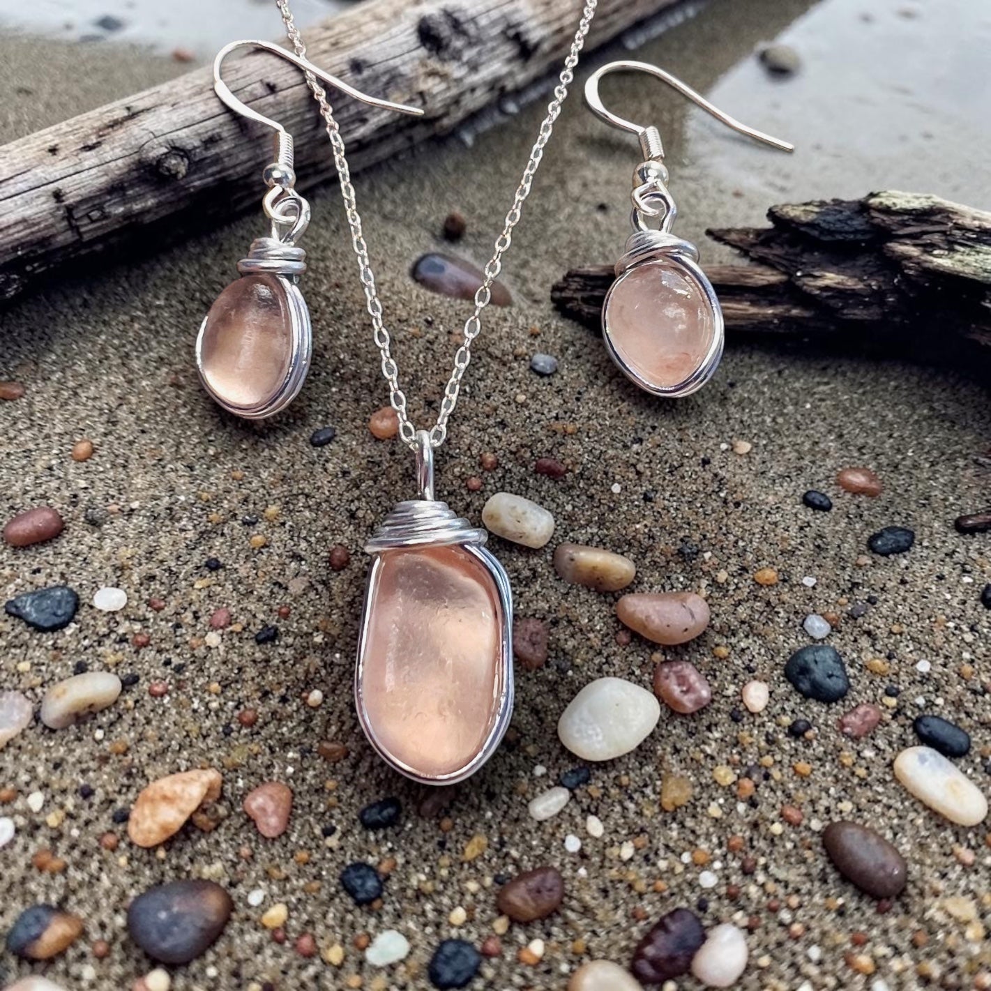 Pale Peach Pink Seaham Sea Glass Jewellery Set