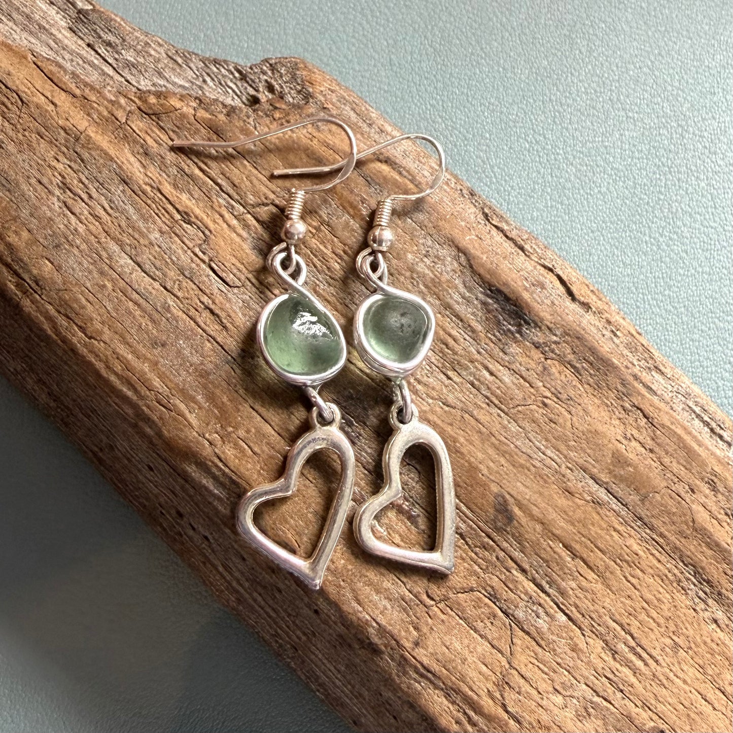 Sea Glass and Heart Dangly Earrings