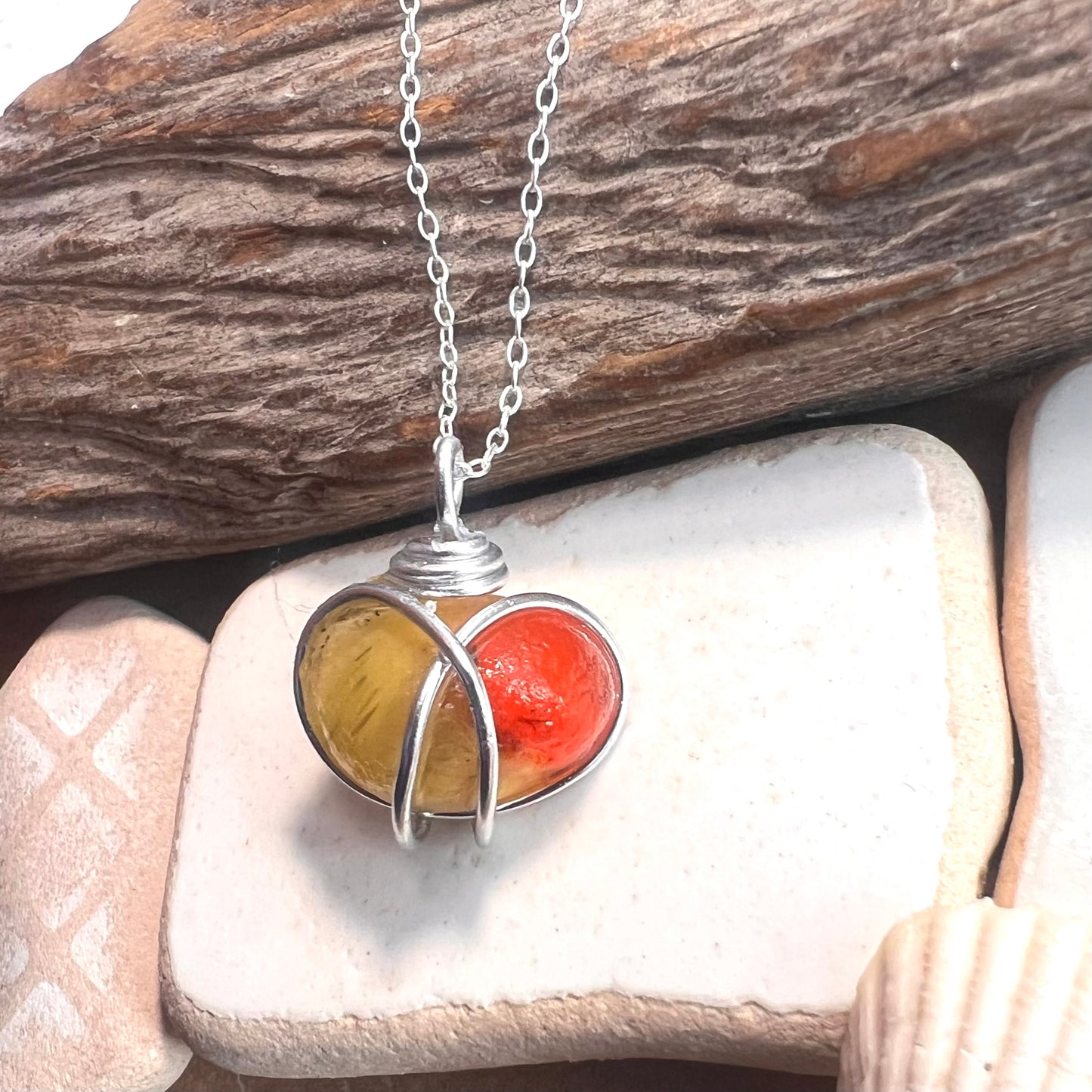 Very Rare Red and Orange Seaham Sea Glass Multi Pendant