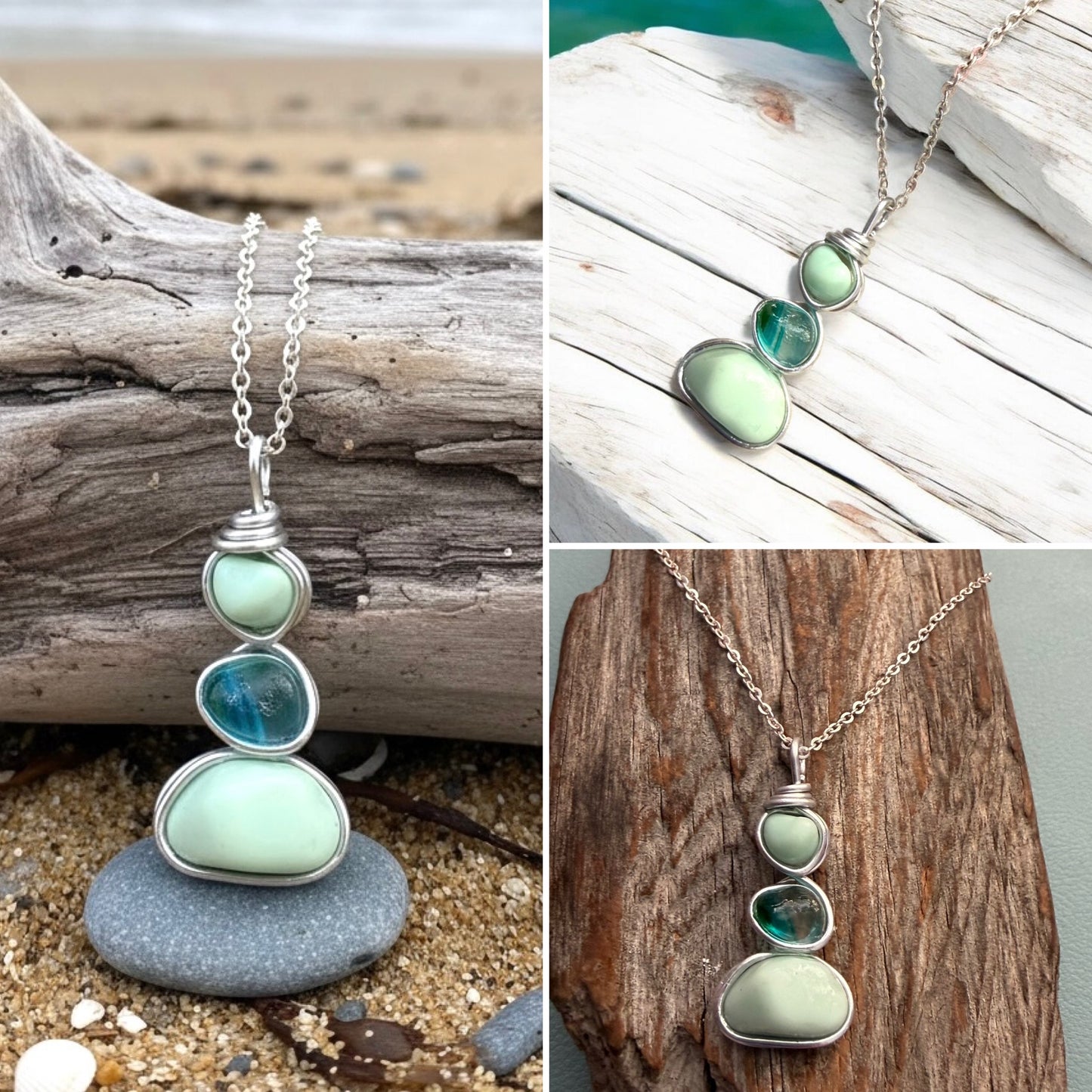 Three Piece Mint Green Seaham Sea Glass Pendant