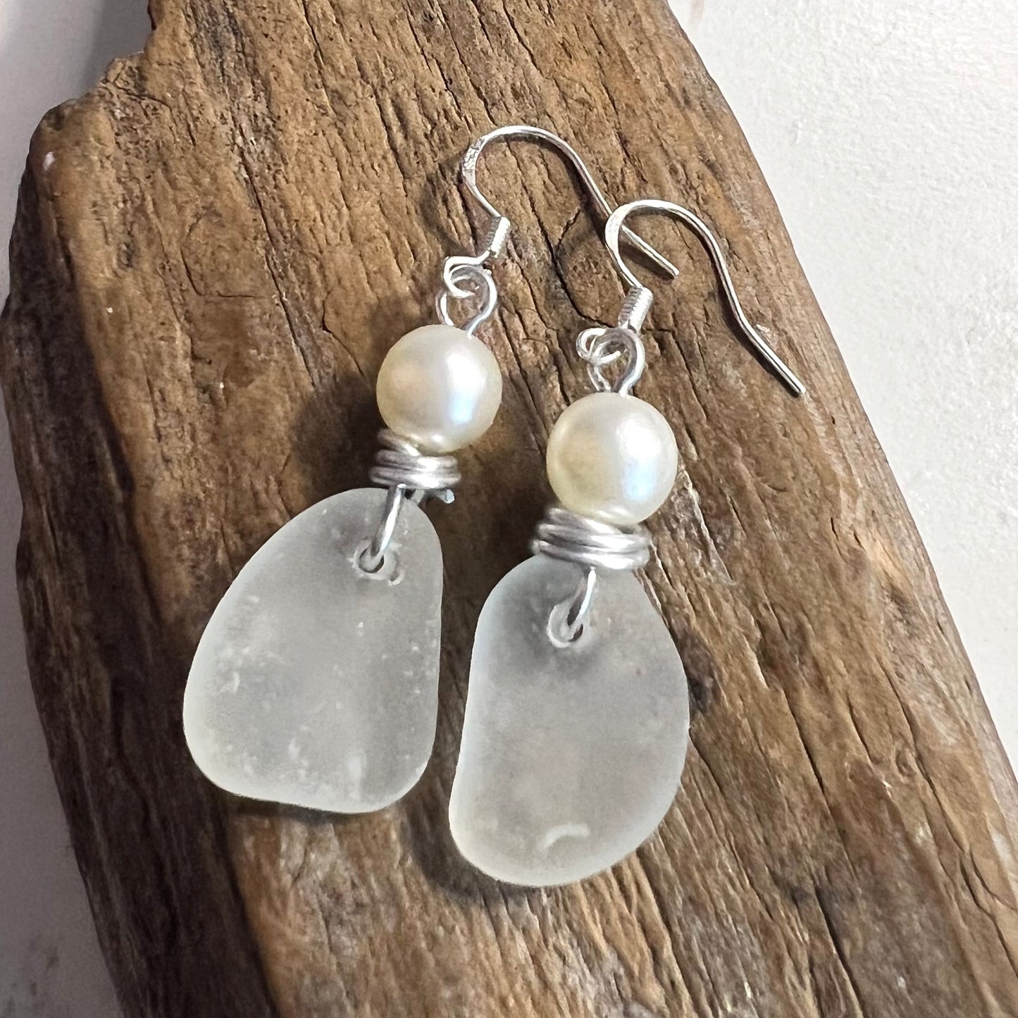 Frosty White Seaham Sea Glass Heart Earrings