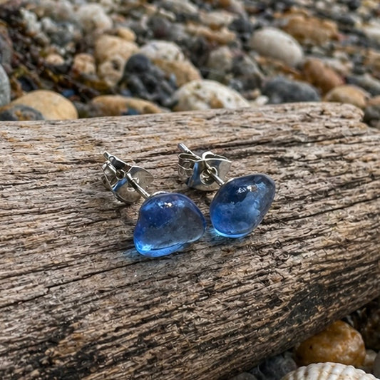 Blue Sea Glass Stud Earrings