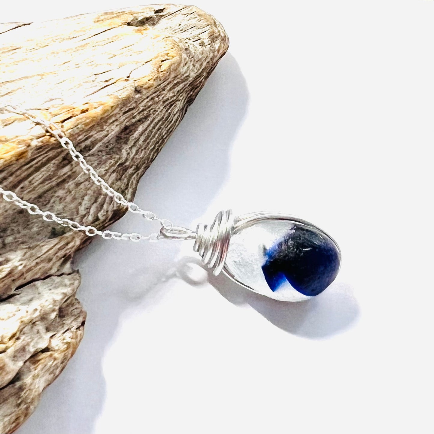 Deep Blue and White Seaham Sea Glass Multi Pendant