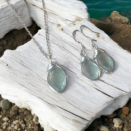 Frosty Pale Aqua Seaham Sea Glass Jewellery Set loop