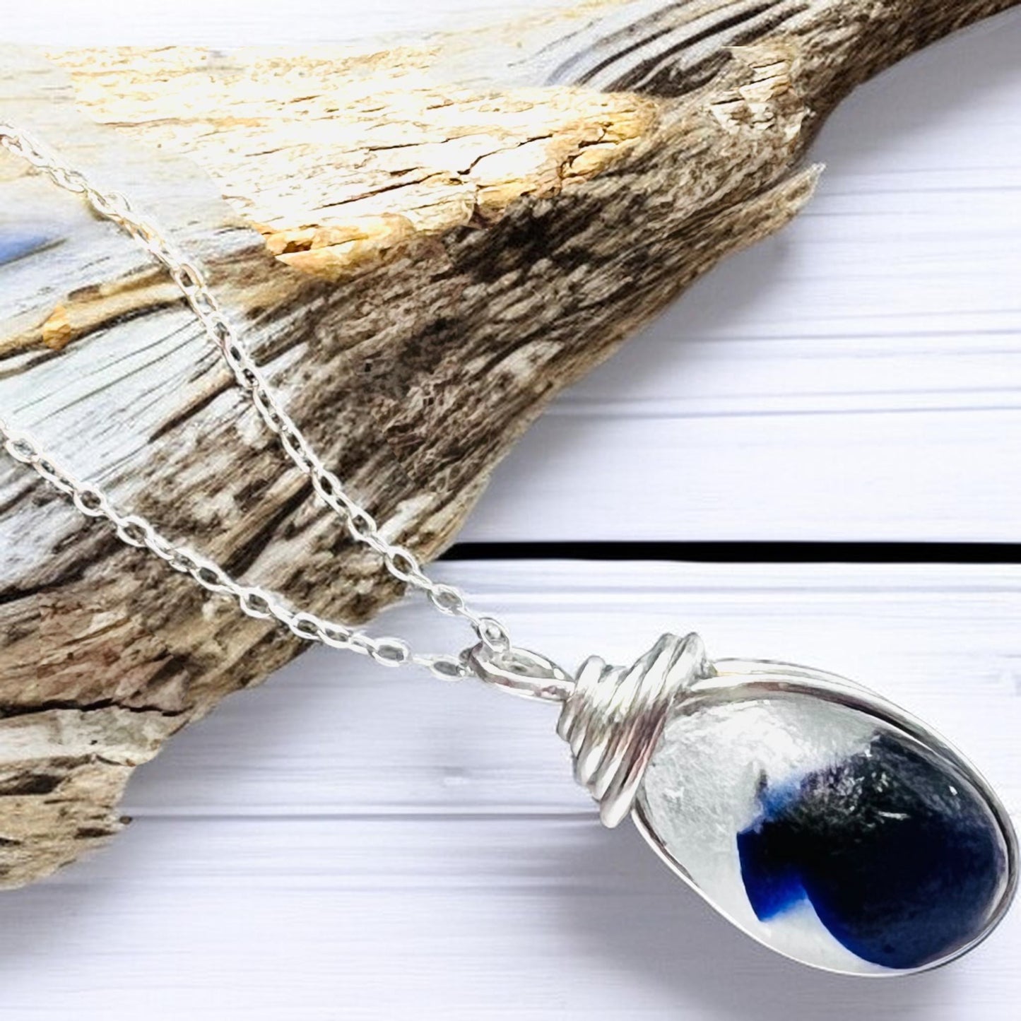 Deep Blue and White Seaham Sea Glass Multi Pendant