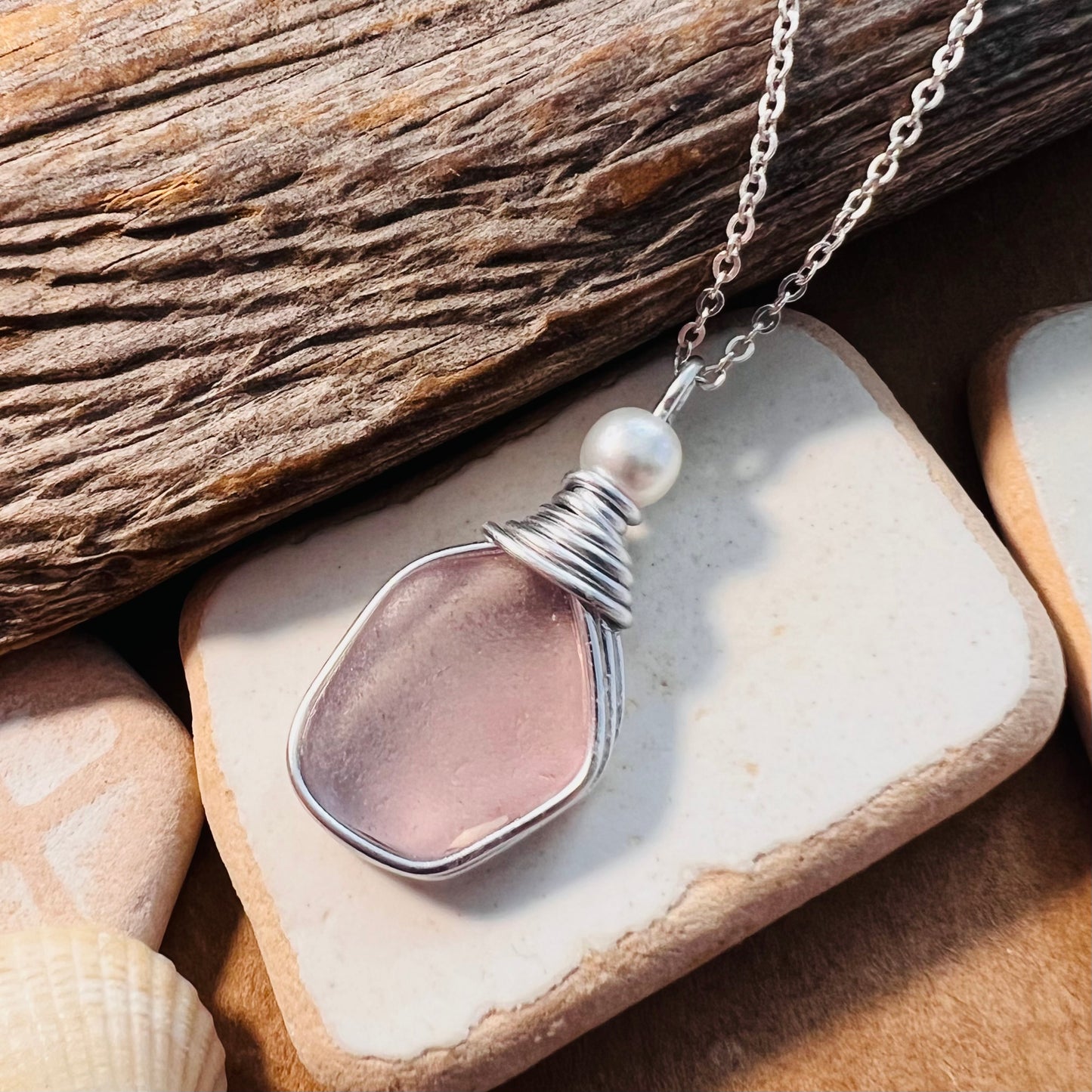 Rare Lilac Purple/Pink tone Seaham Sea Glass Pendant