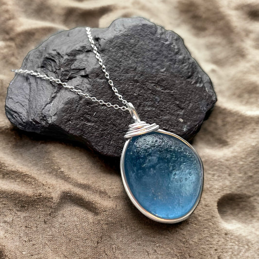 Unique and Rare Large Blue Seaham Sea Glass Pebble Pendant