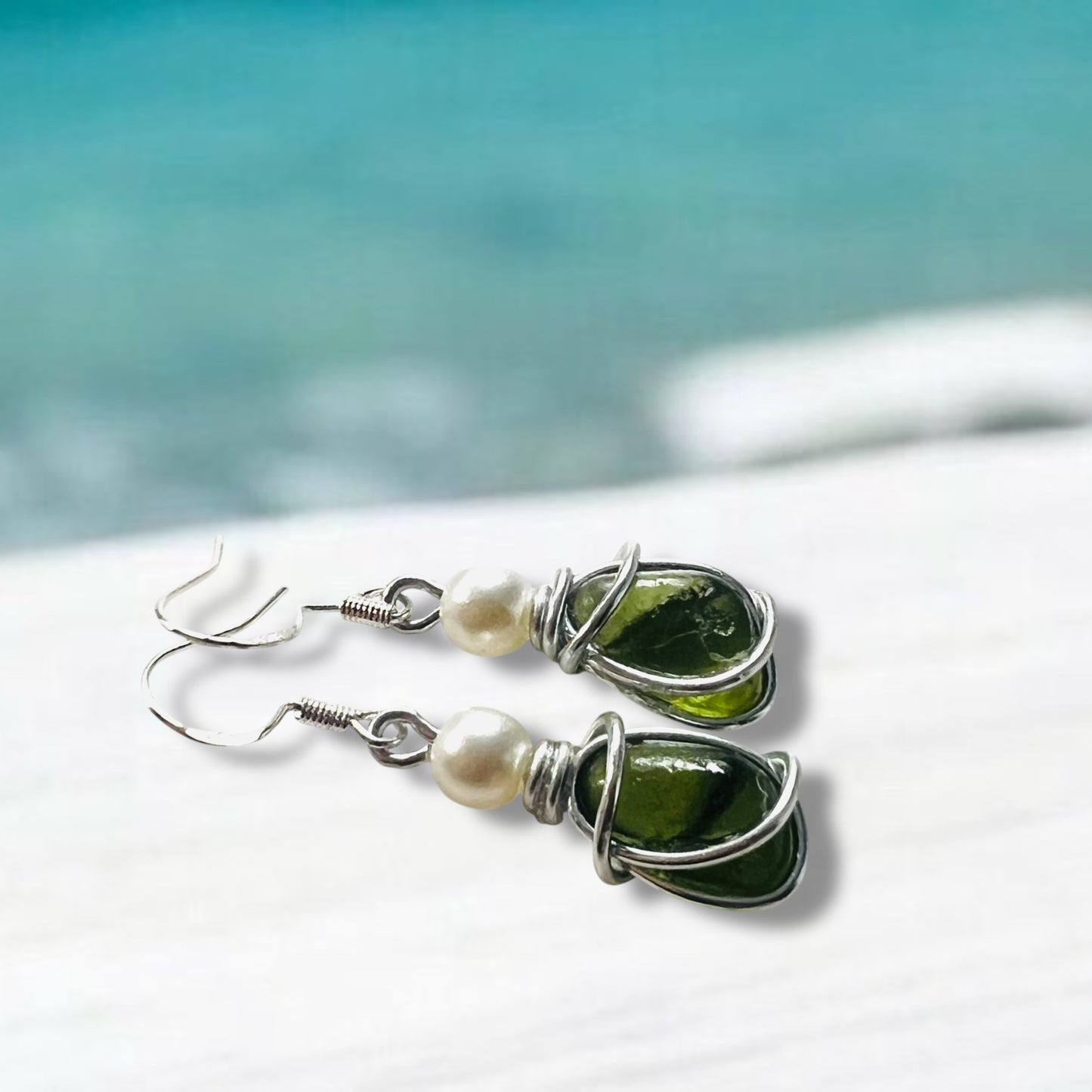 Green Seaham Sea Glass and Glass Pearl Earrings
