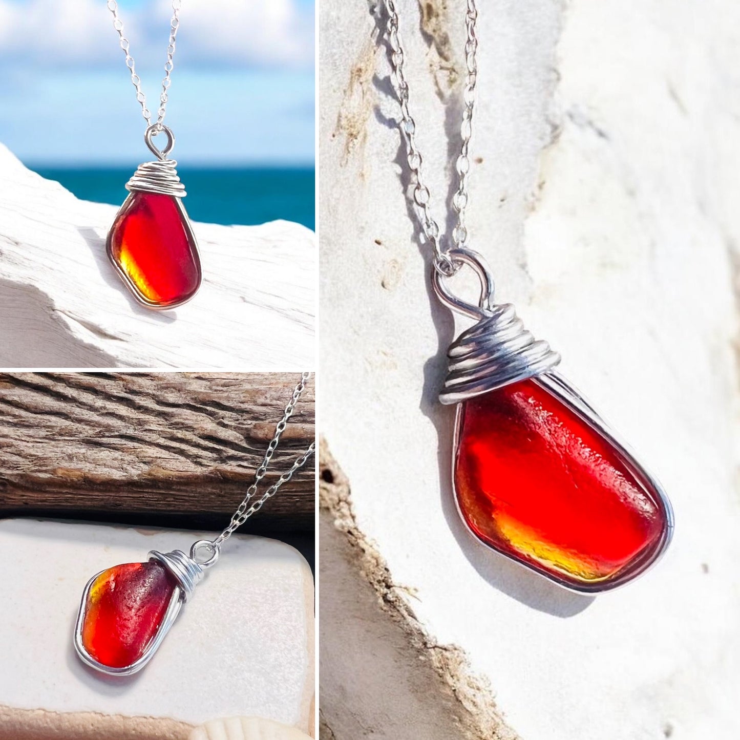 Very Rare Red and Orange and Yellow Seaham Sea Glass Multi Pendant