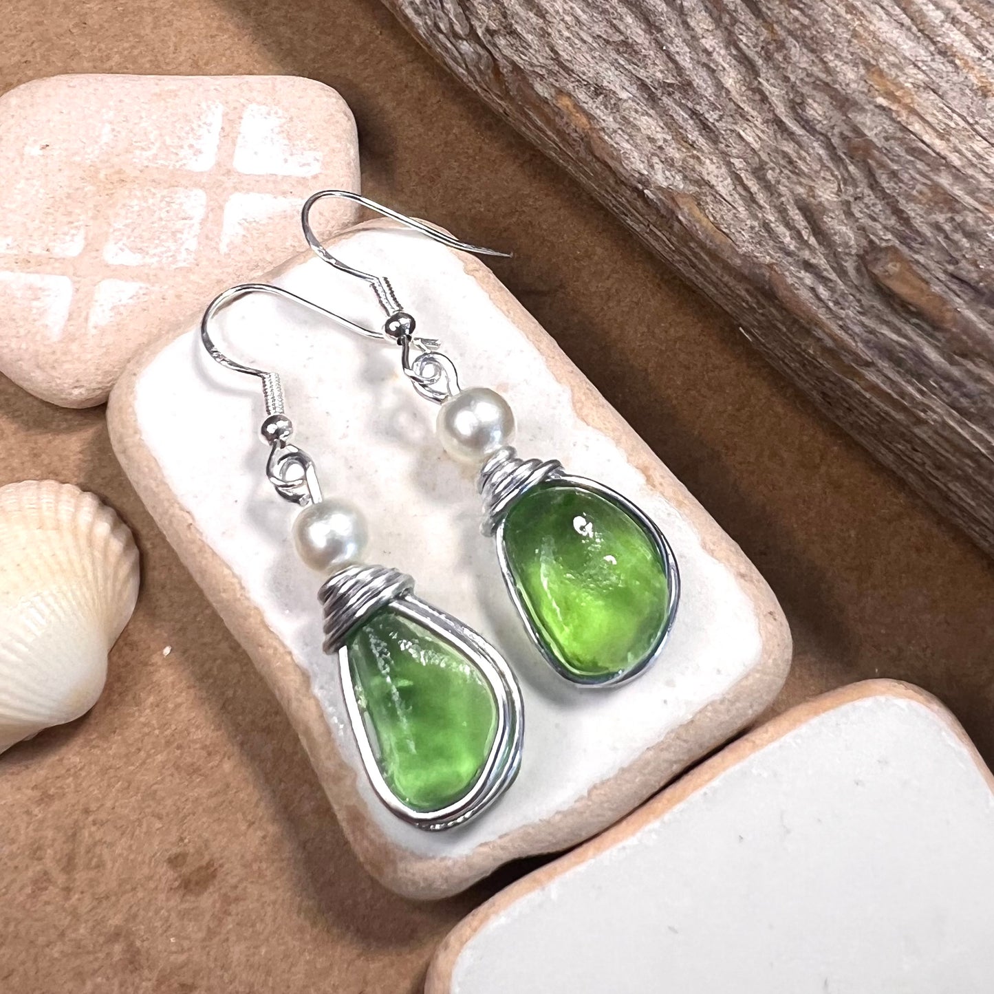 Bright Green Seaham Sea Glass Earrings