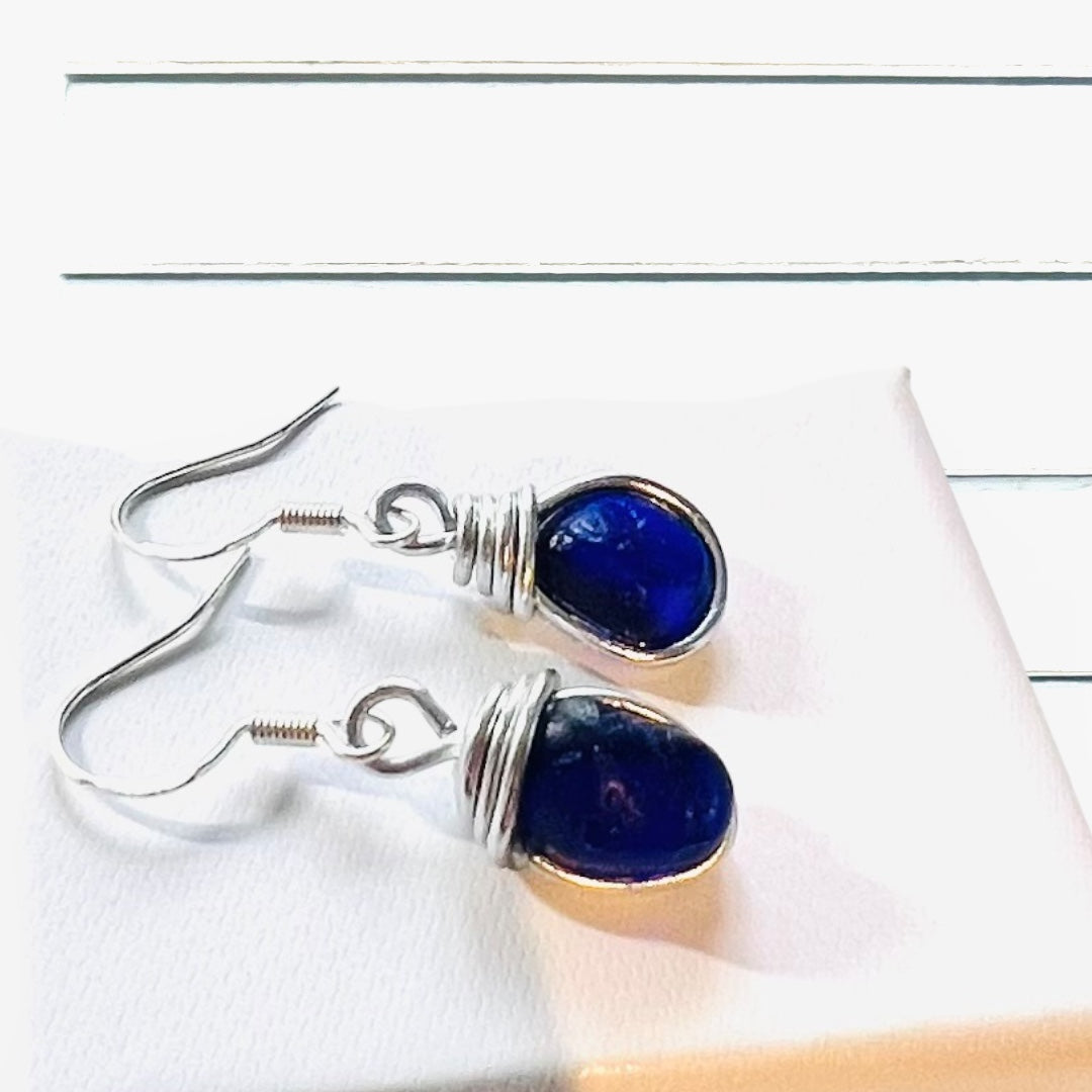 Deep Blue Seaham Sea Glass Earrings