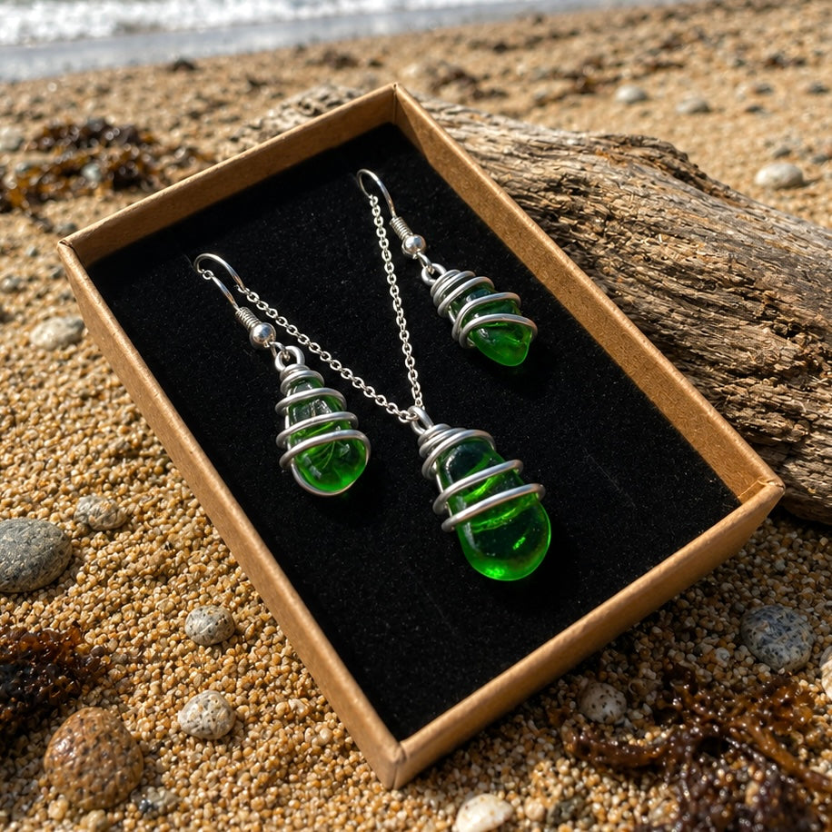 Green Seaham Sea Glass Jewellery Set
