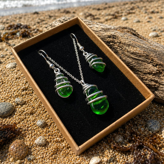 Green Seaham Sea Glass Jewellery Set