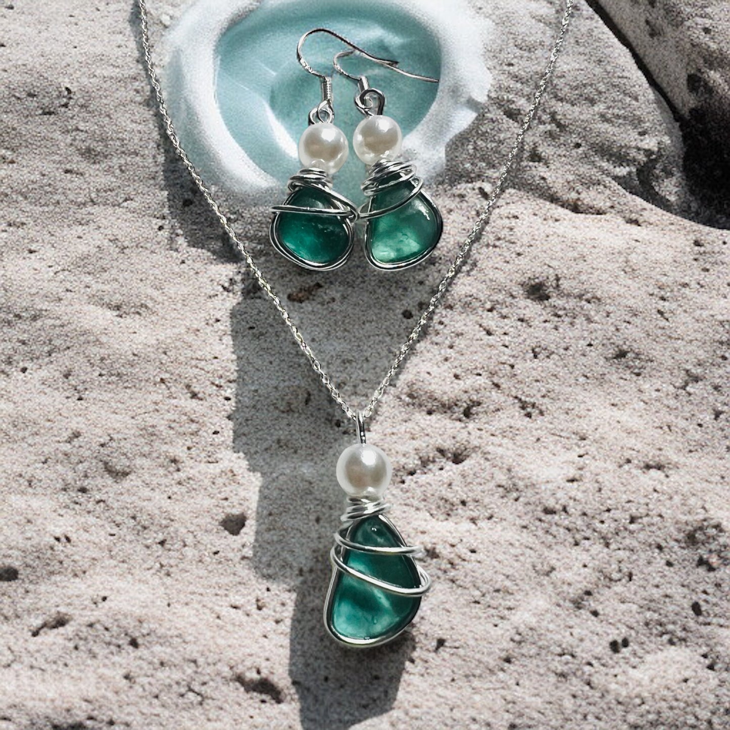 Dusky Turquoise Green Seaham Sea Glass Jewellery Set