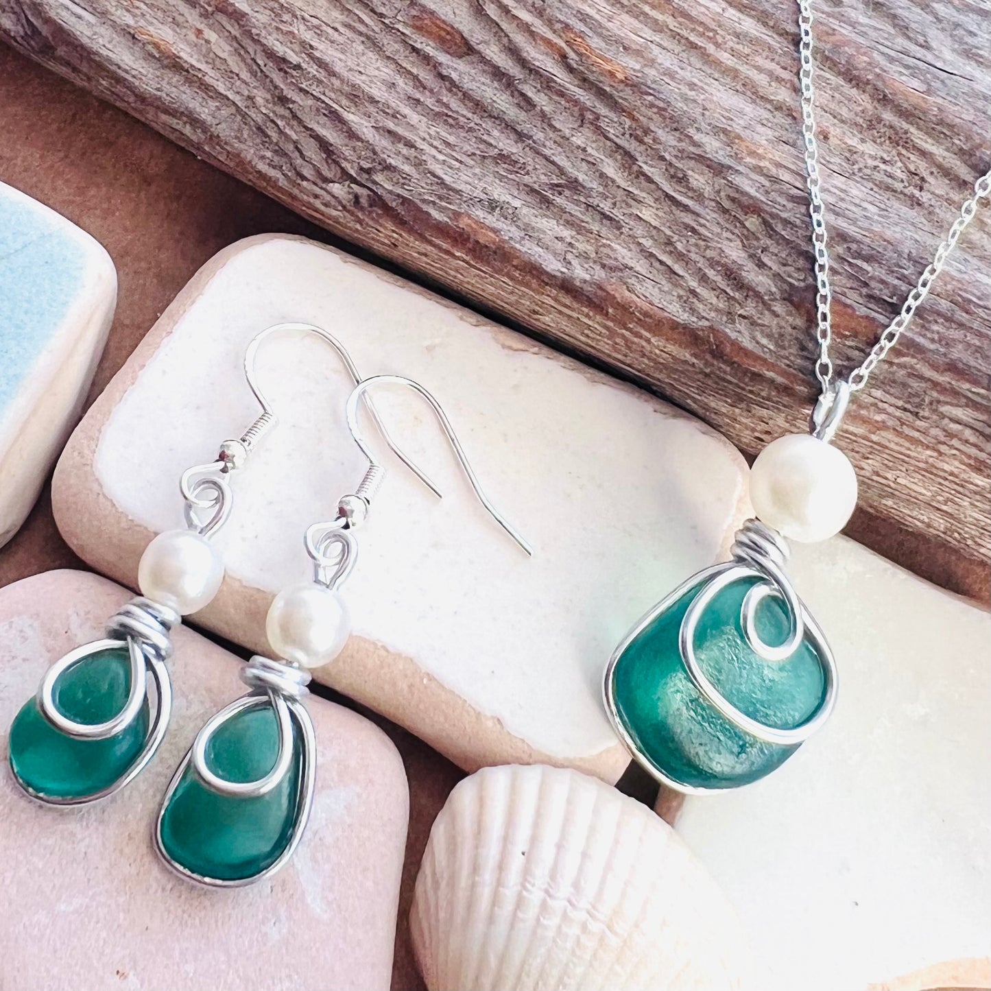 Turquoise Green Seaham Sea Glass Jewellery Set